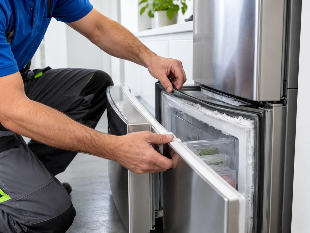 Technician inspecting visible frost around a lower freezer-drawer gasket