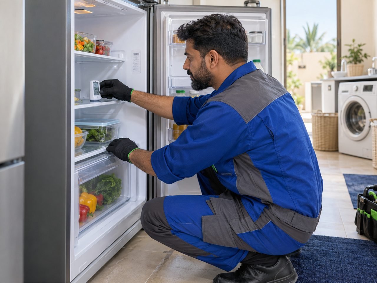 Technician positioning a standalone thermometer on a fridge middle shelf