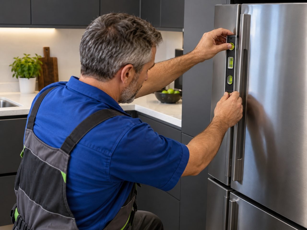 Technician checking refrigerator door alignment with a compact spirit level
