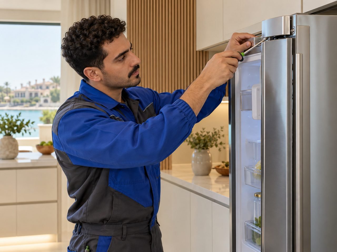 Technician checking a fridge hinge cover with a small manual screwdriver