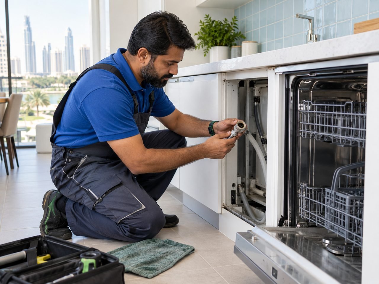Technician checking the disconnected inlet-hose connection of a dishwasher