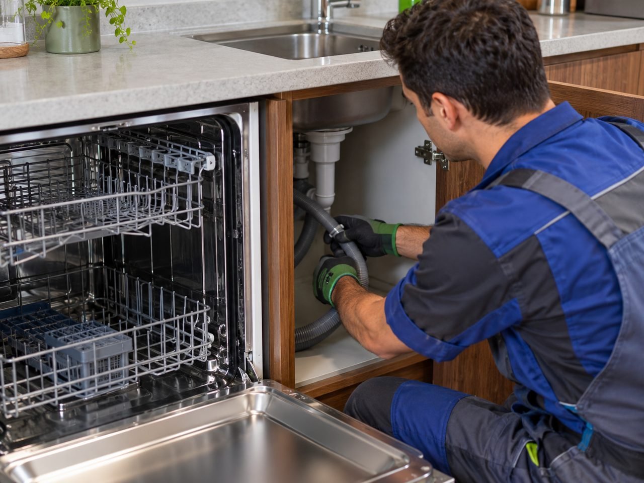 Technician checking the dishwasher drain-hose route inside the adjacent sink cupboard