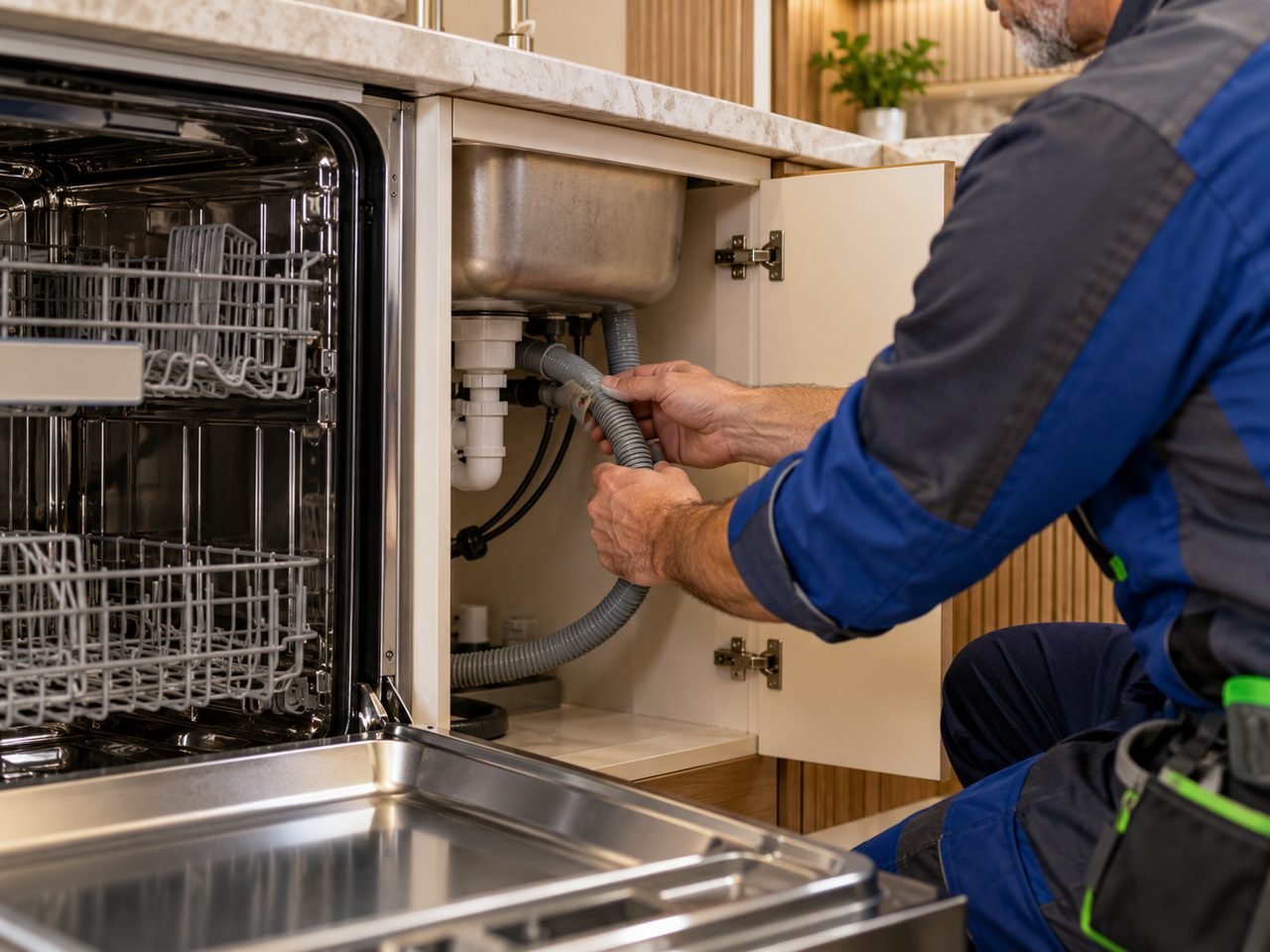 Technician checking the dishwasher drain-hose route inside the adjacent sink cupboard