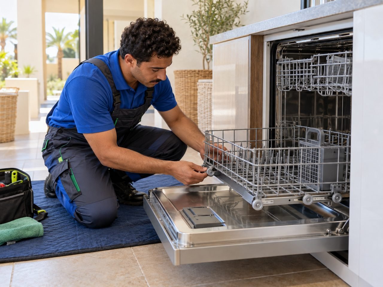 Technician checking the roller and rail of the lower dishwasher basket
