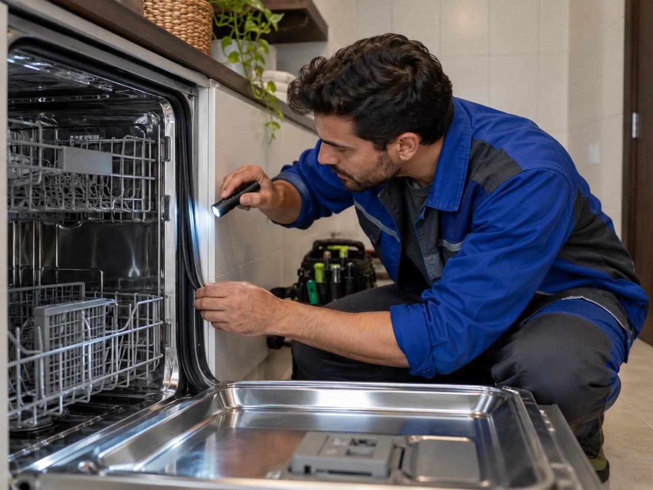 Technician inspecting the gasket around an open dishwasher door with a small torch