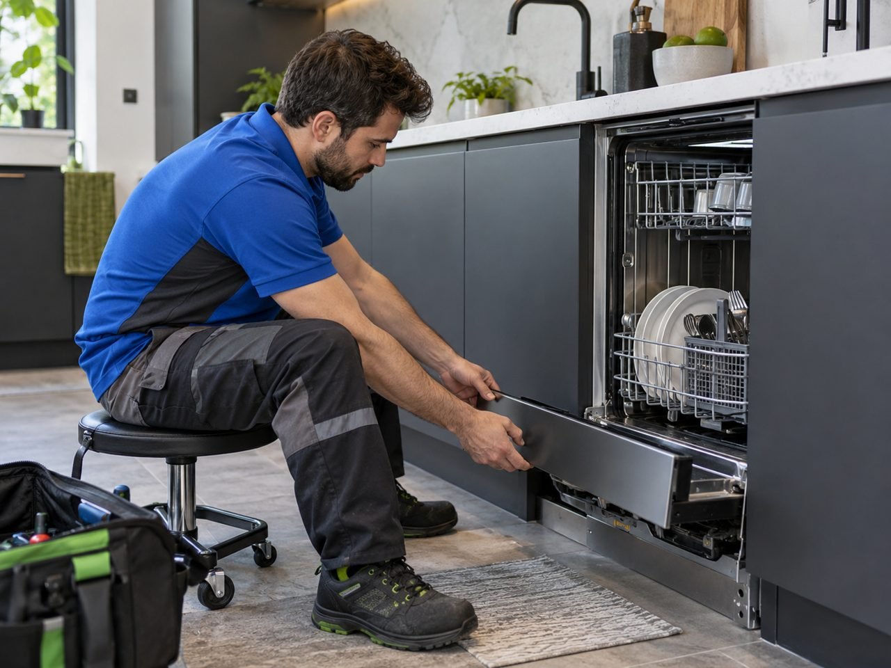 Technician checking the lower kickplate of a built-in dishwasher while seated on a low stool