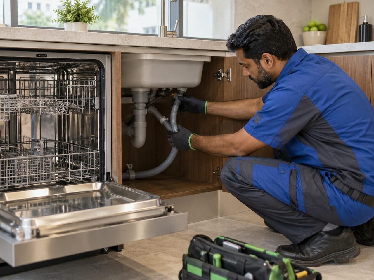 Technician checking the dishwasher drain-hose route inside the adjacent sink cupboard