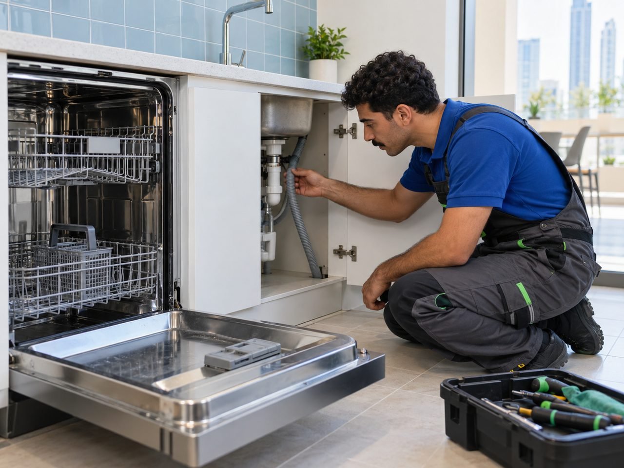 Technician checking the dishwasher drain-hose route inside the adjacent sink cupboard